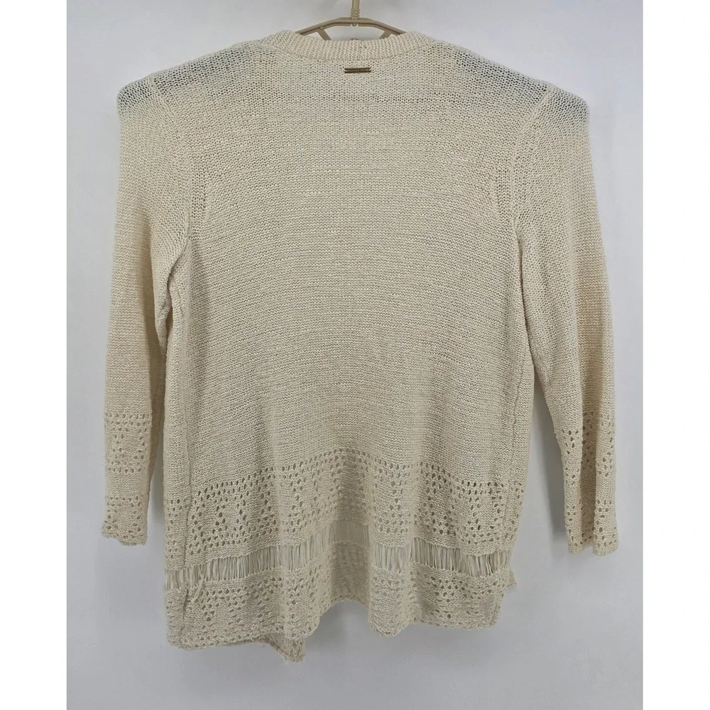 Michael Kors Womens Cardigan Cream Crochet Fringe Open Front Boho Layering